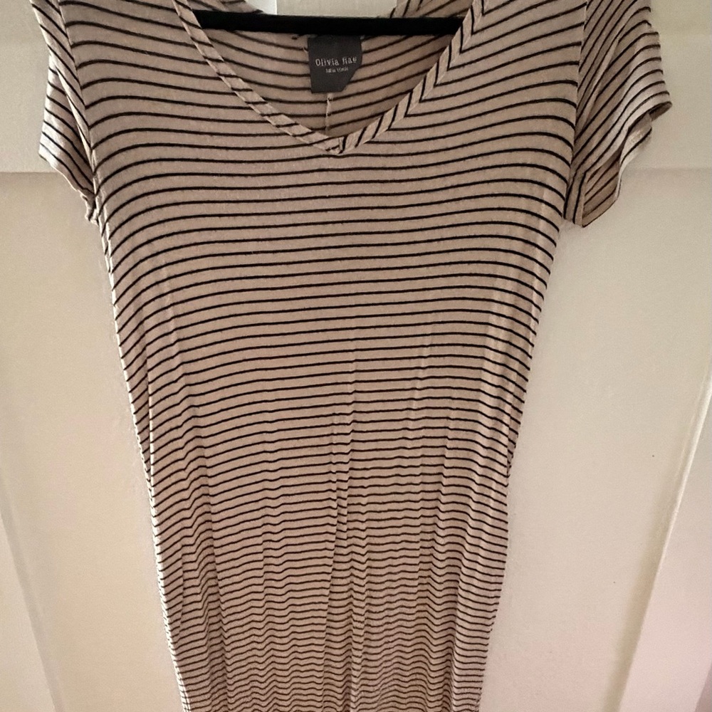 Olivia + Joy Beige and Black Striped V-Neck Maxi Dress